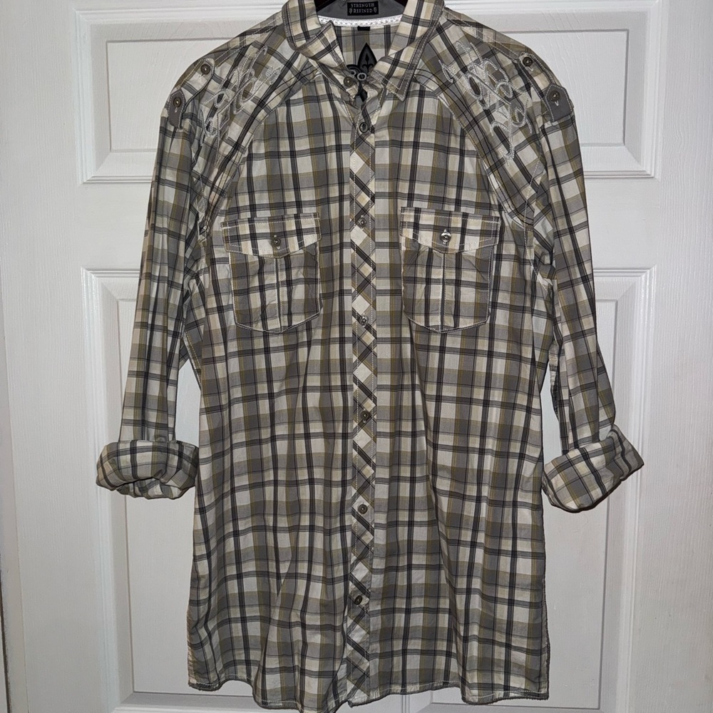 Roar Men's Casual Button Down Shirt - Gray and Brown Plaid